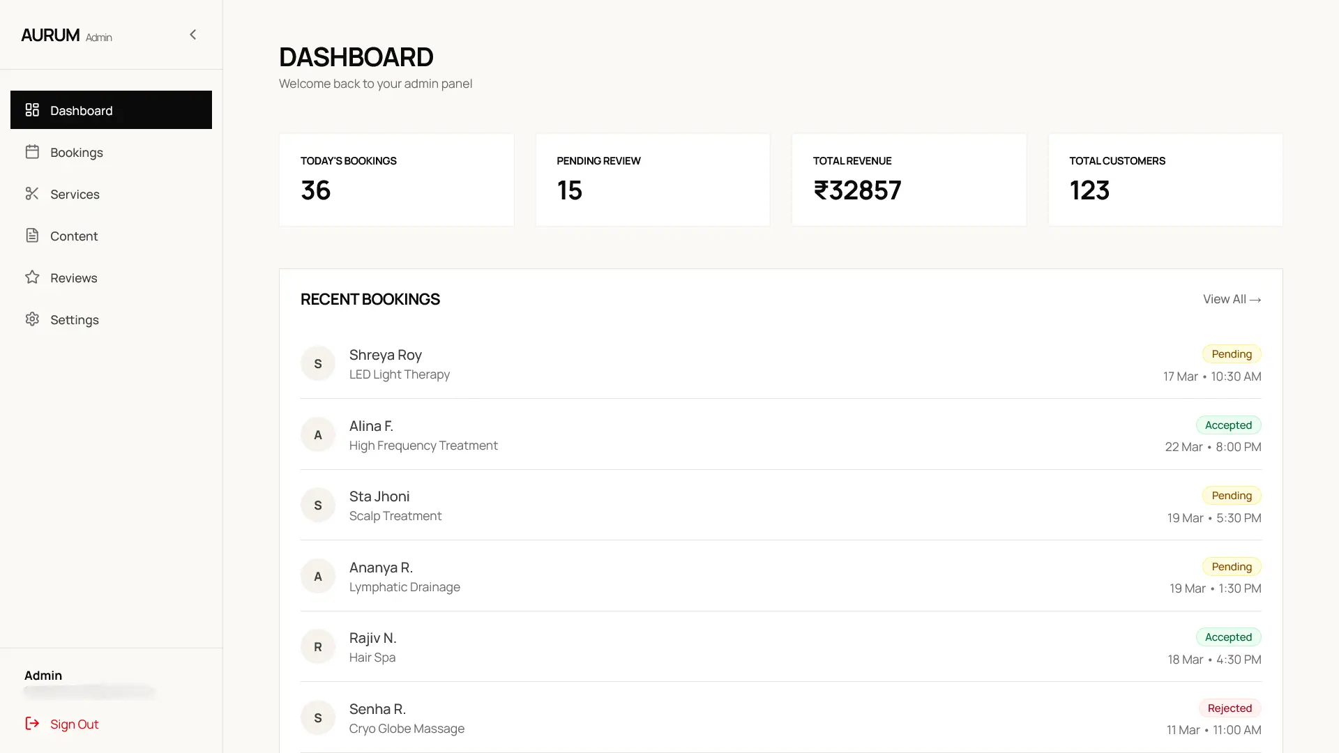 Centralized booking dashboard with calendar view and appointment management